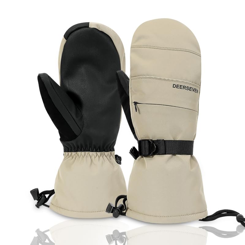 Harssidanzar Herren Damen Winter Snowboardhandschuhe Outdoor Winddicht mit Fleece gefüttert wasserdichte Fäustlinge KM060EU Khaki Größe L