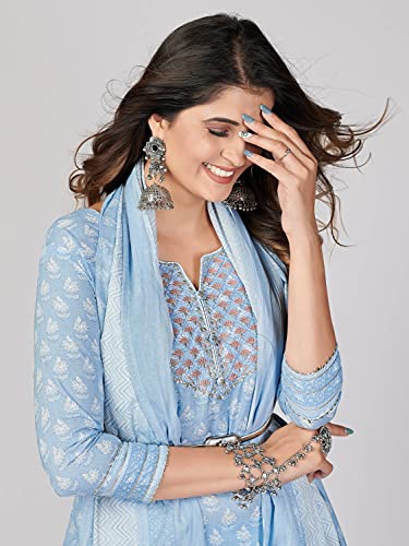 Image of Vbuyz Women's Printed & Embroidered Straight Cotton Stitched Kurta Pant with Dupatta
