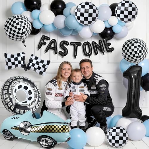 SNLN 185 Pcs Fast One Birthday Decorations for Boys, Blue Black Race Car Balloon Arch Kit with 3D Racing Car,Number 1, Fast One, Tire, Flag, Checkered Foil Balloons for 1st Cars Birthday Decorations by SNLN - Used condition - Image 4