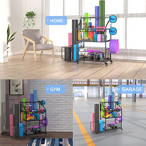 Home Gym Storage, Bergfore Yoga Mat Storage Racks, Gym Rack Organizer For Dumbbells Kettlebells Foam Roller, Yoga Strap And Resistance Band, Workout Equipment Storage Organizer With Wheels And Hooks #TOP5