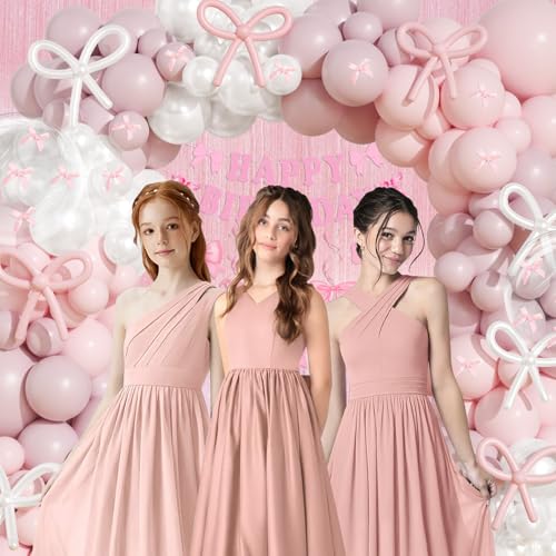 Image of Pink and White Bow Balloon Arch Kit,JOGAMS 199Pcs Coquette Birthday Decorations with 260 Bubble Pearl White Balloons Ribbon Bow for Coquette Bow Birthday Baby Shower Wedding Bachelorette Bridal Shower