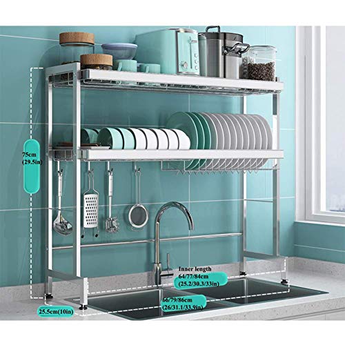Dish Drainer Regal über Waschbecken, 2 Tier Edelstahl Geschirrtrockner Theke Organizer Geschirrregal Küche Gewürzregal Silber 86cm (34inch)