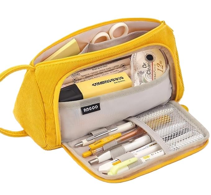 Image of EASTHILL Big Capacity Pencil Case Canvas High Large Storage Pouch Marker Pen Case Simple Stationery Bag School College Office Organizer for Teens Girls Adults Student-Yellow
