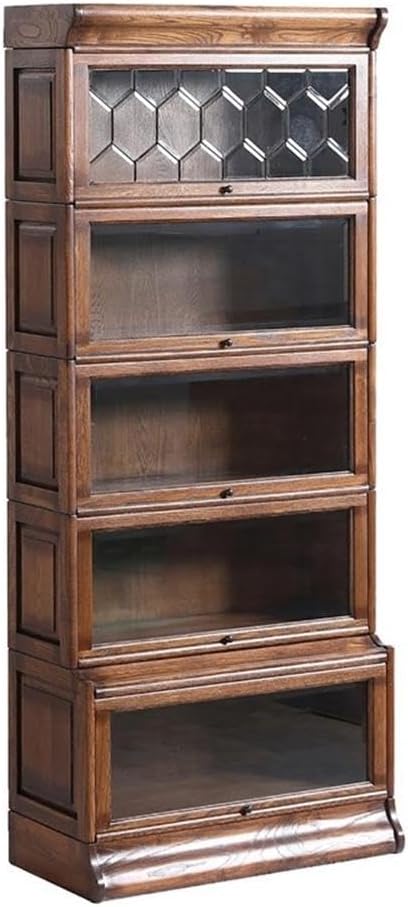 Pemberly Row Traditional 5-Stacks Wood Barrister Bookcase, Walnut Finish, 78" H x 33" W x 16" D, Leaded Glass Top, Medium Brown Hand Rubbed Stain, Timeless Office Storage Solution