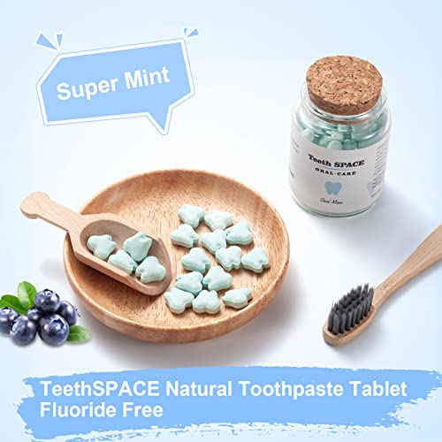Teethspace Eco Friendly Travel Size Toothpaste Tablets,Teeth Whitening&Fresh Breath,Natural Blueberry Flavor,Fluoride Free,Tsa Compliant,Plastic-Free,65 Tablets #TOP1