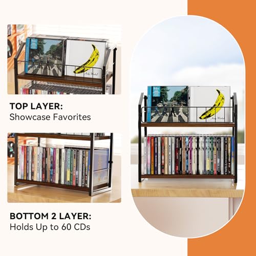 Image of 2-Tier CD Holder, CD Storage Rack for Display, CD Organizer with Rubber Feet, Stores Up to 60 CDs for Shelf Storage and Organization, for Music Enthusiasts and Collector Walnut