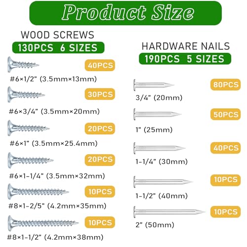 320Pcs Premium Hardware Nails & High Hardness Wood ScrewsAssortment Kit, 11 Sizes (1/2"-2"),Phillips Drive Flat Head, Wood Screws, Galvanized, Picture Hanging, Wood, Common Nails with Storage Box