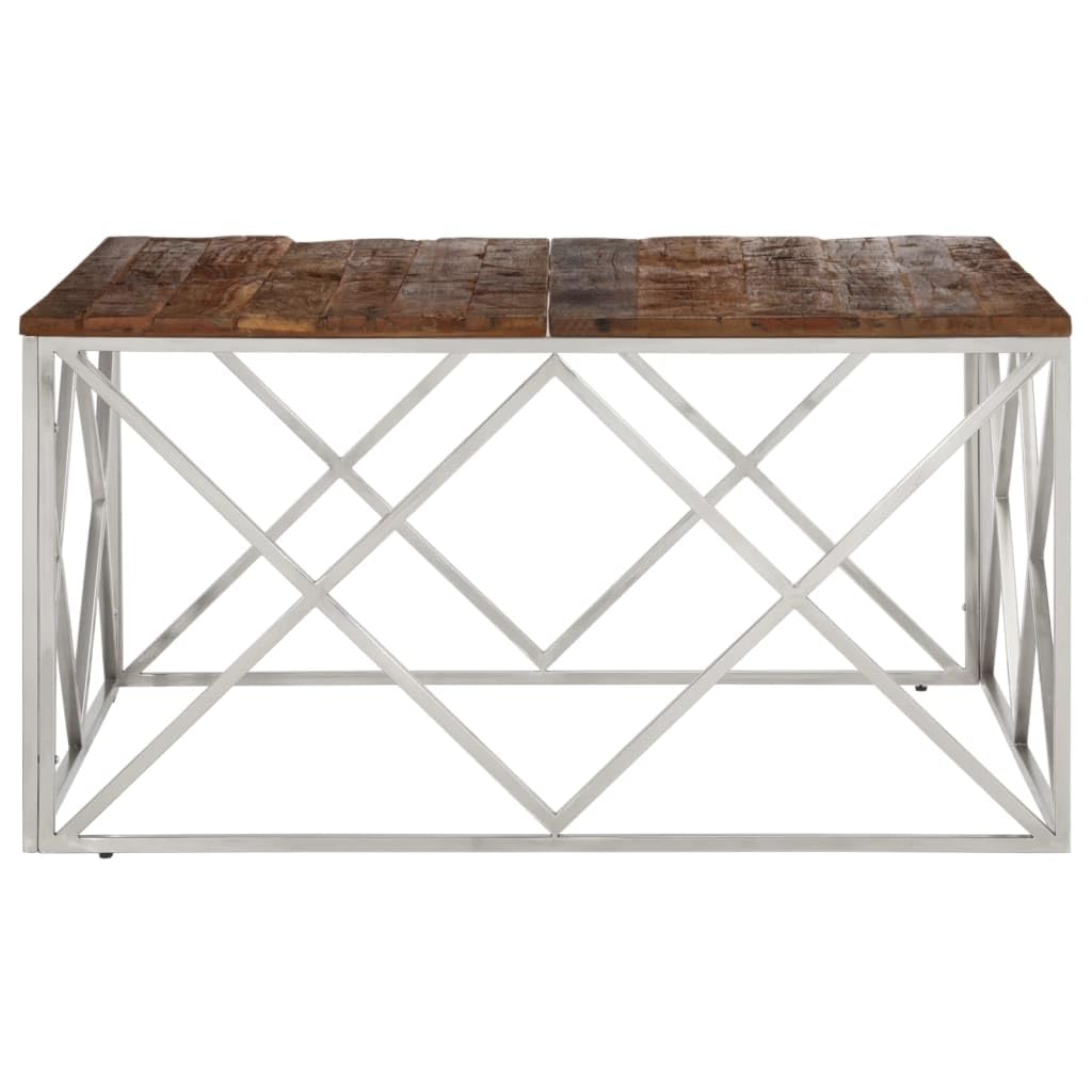 Mesa de centro plateada de acero inoxidable, tablero de madera maciza, 100 x 100 x 50 cm, muebles robustos, fáciles de limpiar, para salón elegante