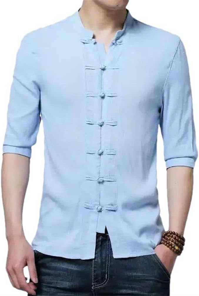 Summer Chinese Style Tang Suit Men's Cotton Shirt Classic Zhongshan Suit Casual Cotton Hiking mid-Sleeved top