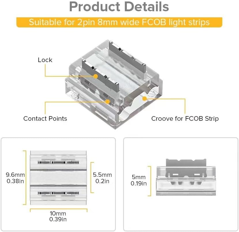 BTF-LIGHTING FCOB COB 50pcs 8mm 0.31in Transparent Connector Support FCOB 8mm Width 2 pin v+ v- Single Color LED Strip Corner Connection Only Adapted for 20AWG Wire(No Wires in The Packaging)