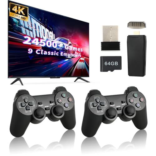 Retro Game Console, Wireless Retro Game Console, 24500+ Games Built-in, 4K HDMI Output, 9 Emulators, Dual 2.4GHz Wireless Game, Plug and Play Video Games, Black(64G)