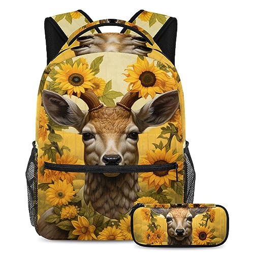 Sac à dos cerf et tournesol avec trousse Lot de 2 cartables multicolores pour l'école