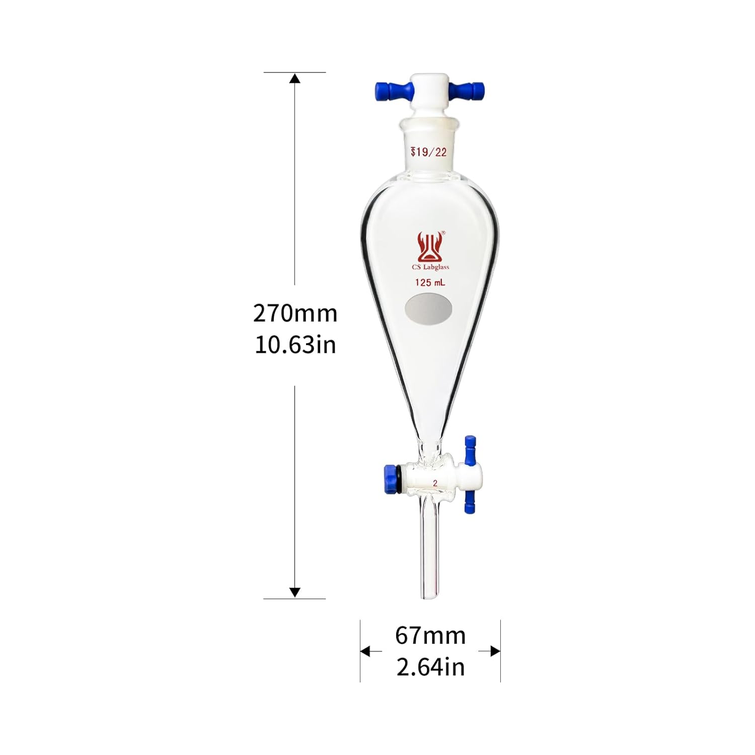 125ml Separatory Funnel with 19/22 Joint and 2mm PTFE Stopcock & Stopper, Heavy Wall Borosilicate Glass Conial Separatory Funnel - 125ml