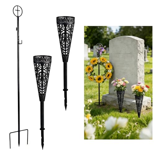 Cemetery Wreath Stands & 2 PCS Cemetery Vase 38 Christmas Metal Wreath Holder Stand with Cross 3 Pronged Decor Gravestone Wreath Hanger Headstone Flower Holder for Xmas Memorial Day Graveside Decor