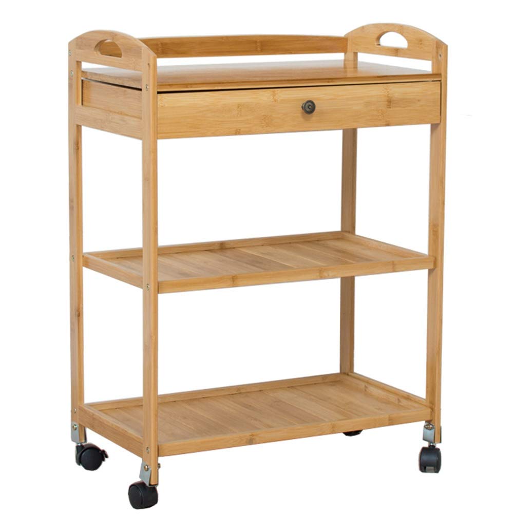 asdchZen Multifunctional Utility Cart Service Storage Trolley Trolley 3-Shelf Wooden Beauty With Drawers & Brake Wheels, Multifunction Mobile Storage Utility Carts