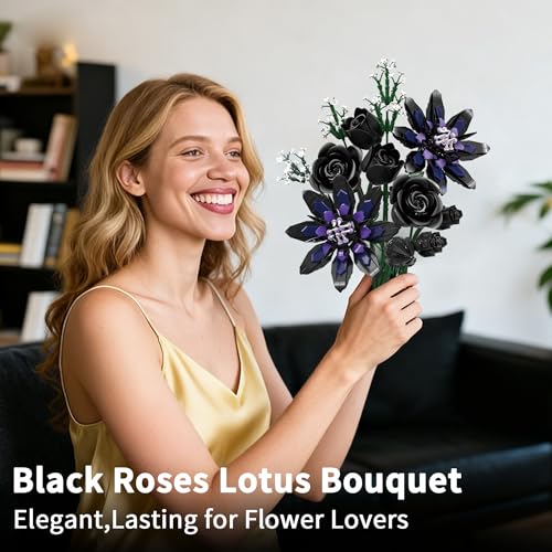 Image of Flower Bouquet Building Set, 12 Gothic Black Rose and Lotus Botanical Collection Building Block Toy Compatible with Lego Flowers for Adults Women Home Decor, Gift for Valentine, Mother's Day