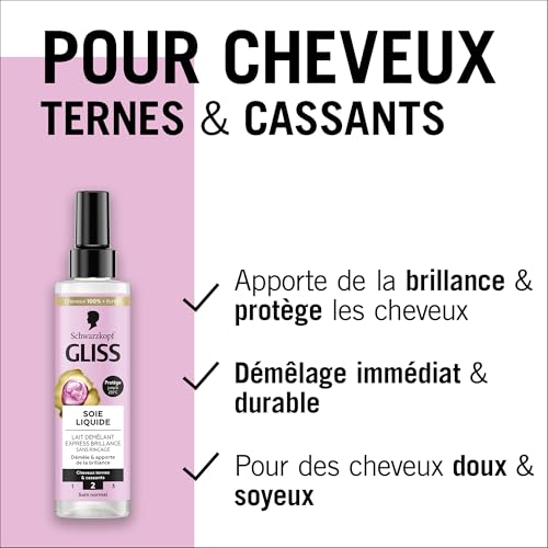 GLISS - Schwarzkopf - Lait Démêlant Express - Soie Liquide - Brillance - Protège jusqu'à 230°C - Démêle & Apporte de la Brillance - Cheveux Ternes & Cassants - Soin Normal - Sans Rinçage - 200ml – Image 5