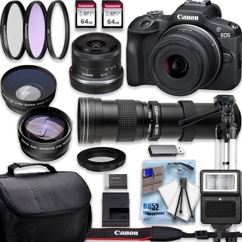 Image of Canon EOS R100 4K Video Recording Mirrorless Camera with 18-45mm and 420-800mm f/8.3 HD Telephoto Zoom Lenses + 2 X 64GB Fast Transcend Memory + Deluxe Accessory Bundle, Black (Renewed)