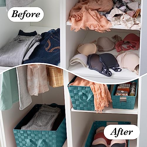 Image of Simplify Medium Woven Strap Tote | Decorative Storage Basket | 2 Handles | Organization | Closet | Bedroom | Bathroom | Nursery | Accessories | Toys | Gifts | 4 Pack | Sapphire