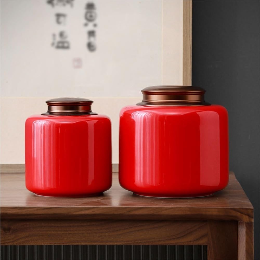 SONGCHAO Sugar Jar Ceramic Bulk Tea Storage Can Metal Double Layer Tin Cover Sealed Large Capacity Container Teaware Single Tea Canister(C,Medium)