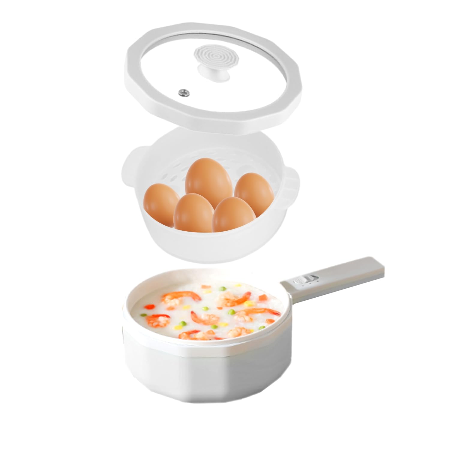 Mini Electric Hot Pot 1.5L with Steamer – Portable Multi-Cooker for Noodles, Soup, Shabu Shabu, Pasta – Non-Stick Electric Cooking Pot for Office, Travel, Dorm (White)