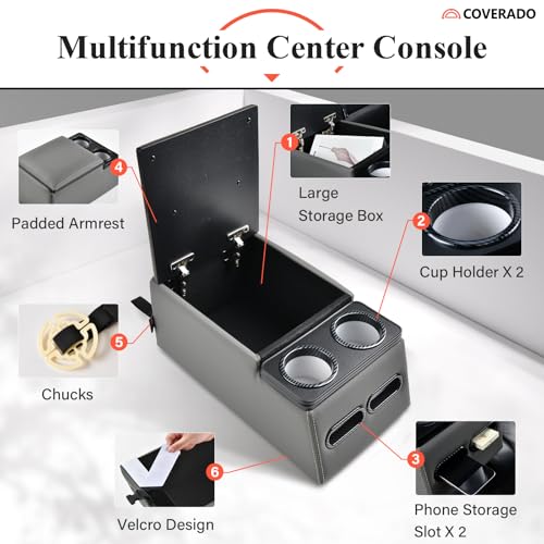 Image of Coverado Car Center Console, Universal Bench Seat Center Consoles, Center Console for Van, Back Seat Storage Box, Rear Seat Car Console Organizer with Cup Holder, Central Armrest Box (Regular, Gray)