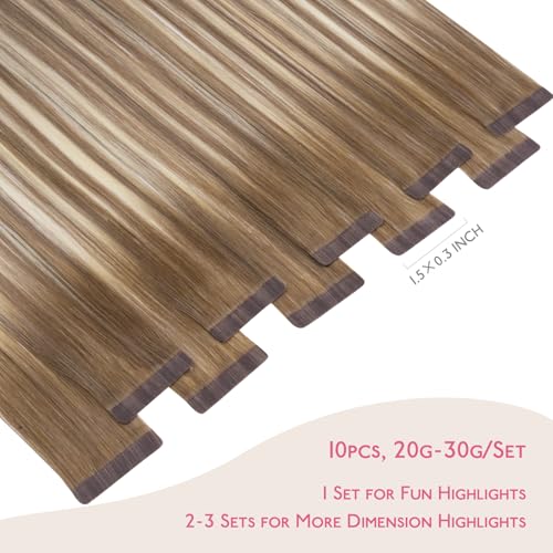 Image of WENNALIFE Tape in Hair Extensions Human Hair Balayage Dirty Blonde with Platinum Ends Tape in Extensions, 10pcs 20g 10 inch Remy Invisible Tape Ins Straight Colored Soft Refill Set