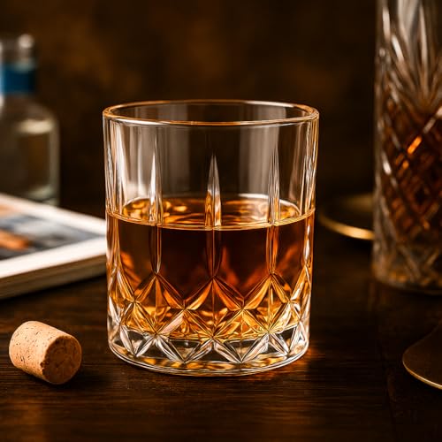 Image of Whiskey Glass Set - Whisky Glasses - Crystal Clear Tumbler Set for Scotch, Bourbon, Cocktails & Old Fashioned, 340 ml Stylish Heavy Base Glassware for Bar, Home, Party & Gift, WHISKEYGLASS 6 Notch