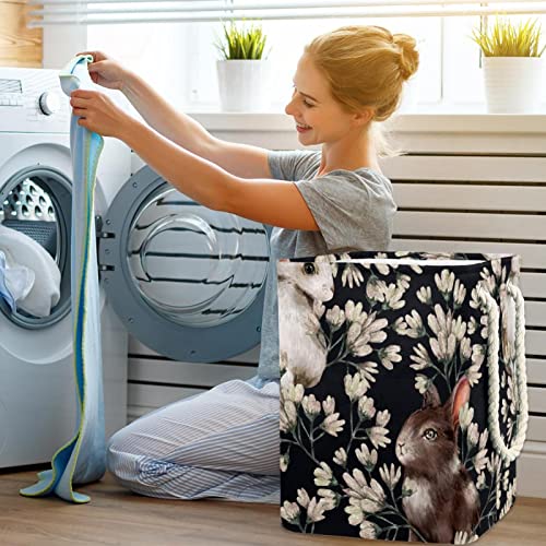 Panier à linge personnalisé aquarelle lapin et fleurs blanches - 7