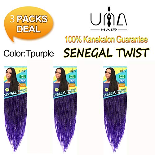 Una 18Inch 2X Micro Senegalese Twist Crochet Hair(27 Strands/Pieces) Jumbo Senegalese Twist Crochet Braiding Ombre Hair Extension (3pieces -18inch, 1b/purple)