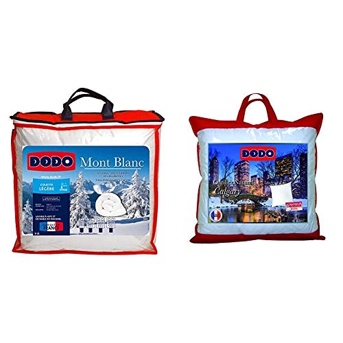 Dodo Couette Mont Blanc 70% Duvet d'oie - Chaude - 220 x 240 cm & Oreiller Calgary Anti-ACARIENS 30% Duvet OIE ET Canard - MÉDIUM - 65 x 65 cm