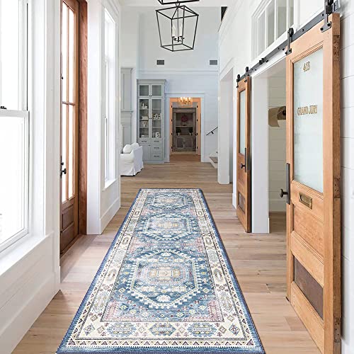 vivorug Blue Runner Rug 2x10 Machine Washable Rug with Non-Slip Backing, Ideal for Kitchen Hallway Entryway Laundry Room - Vintage, Durable, Easy Clean, Low Pile Carpet Runner