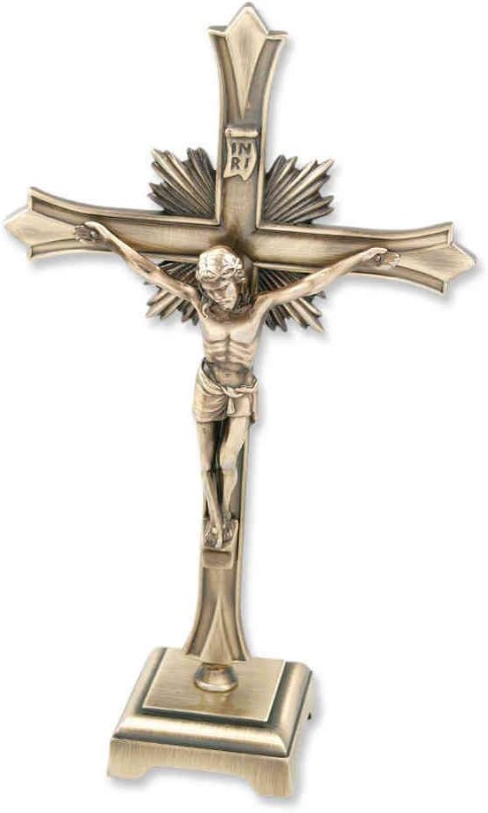 Standing Cross Crucifix Metal Antique Gold Christ Body Radiation Wreath & INRI 20 cm Altar Cross Home Care Home Death Cross for Hospitz