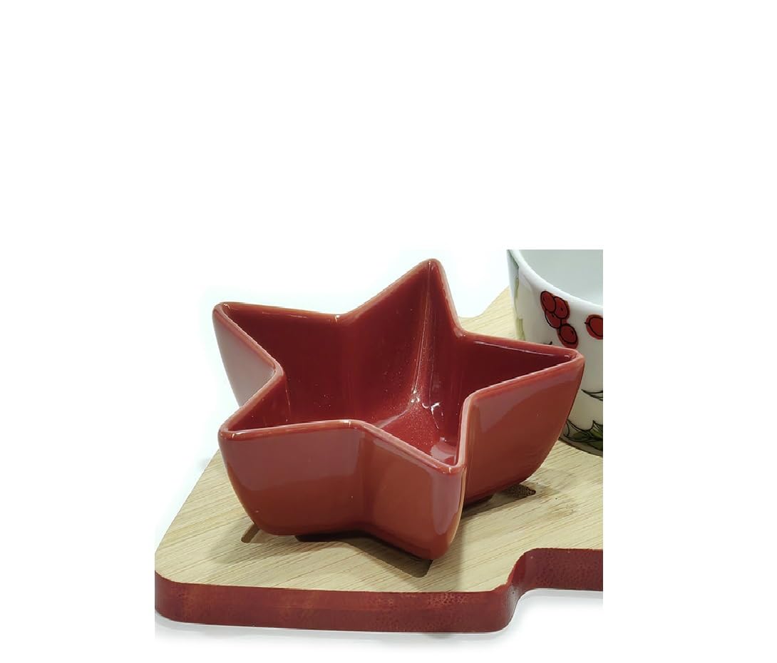 Antipastiera Natalizia A 2 Posti - Ciotole Ceramica Albero Di Natale, Base Bambù, Regalo Idea