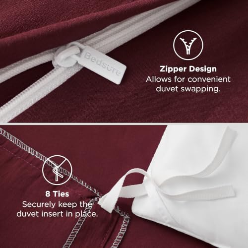 Image of Bedsure Prewashed Duvet Cover Queen, Cotton-Like Bedding Set, Burgundy | Ultra Soft, Relaxed Texture, 90 inchx90 inch Breathable Comfort, Hidden Zipper, 8 Corner Ties, Easy Care, OEKO-TEX, Year-Round Use