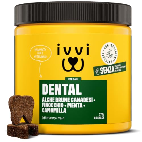 ivvi dental - snack per l'igiene dentale dei cani. Menta, prezzemolo, finocchio, camomilla, olio di cocco, alghe brune. 60 snack con pollo. Favorisce denti sani, alito fresco e gengive sane
