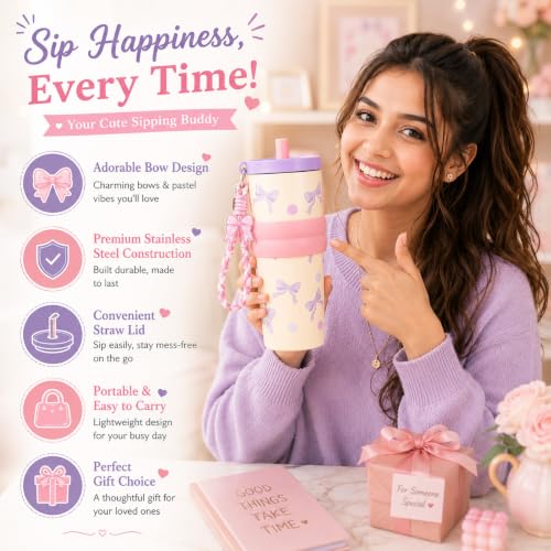 Image of Vasukie Tumbler with Stainless Steel Tumbler with Straw Lid, Wrist Strap & Decorative Bow Charm - Pink & Lavender Travel Cup,Gym,Home YL
