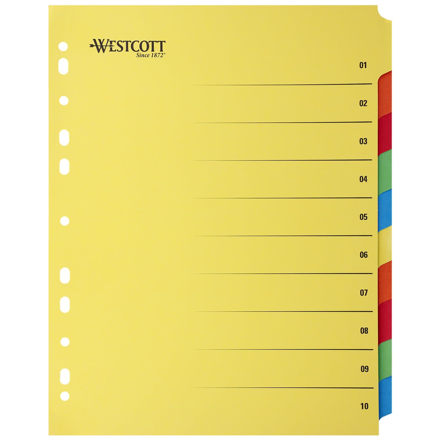 Westcott E-1733313 00 segregator na plastikowe portfele A4, bardzo szerokie arkusze do segregatorów A4, 10 kolorowych zakładek jako organizer na foldery, wytrzymały 230 g/m² z euro dziurkowaniem |