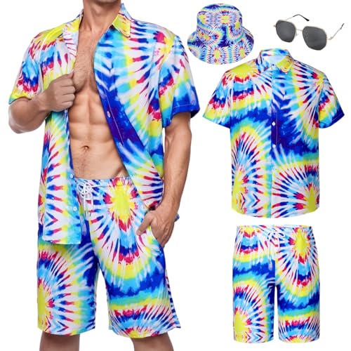 Camisas havaianas para homem, camisa calções homem chapéu óculos disfarce para adulto de praia verão tropical férias, azul, XL