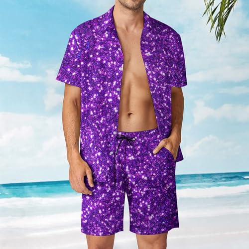 Purple Glittery Sparkles Men's Tropical Short Sleeve Two Piece Suit, Suitable for Vacation, Beach And Casual Wear4