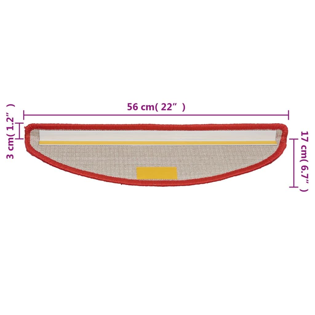 Lot de 10 tapis d'escalier - Rouge semi-circulaire - 56 x 17 x 3 cm - Antidérapant - Autocollant - Lavable - Avec protection contre les marches et les rayures - Pour escaliers en bois, pierre