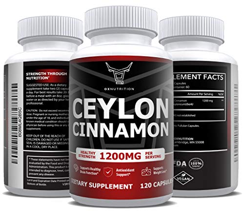Ceylon Cinnamon 1200mg per Serving, 120 Capsules | Promotes Healthy Blood Sugar Levels, Joint Support, Anti-inflammatory & Powerful Antioxidant | True Organic Sri Lanka Cinnamon