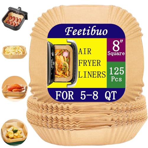 Feetibuo parchment paper for air fryer, 7.9inch square air fryer liners disposable,125PCS Non-stick parchment paper sheets for 5-8QT airfryer liners, Baking, Roasting Microwave