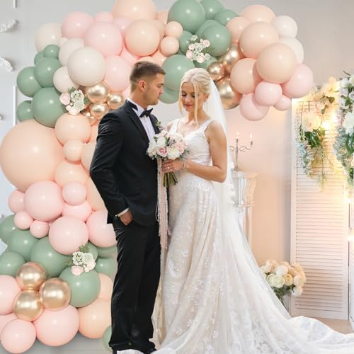 Image of Ouddy Life 157 Pcs Dusty Pink Green Balloons Arch Kit, Sand White Champagne Gold Apricot Balloon for Gender Reveal Baby Shower Birthday Tea Party Fairy Girl Wedding Jungle Safari Woodland Decorations