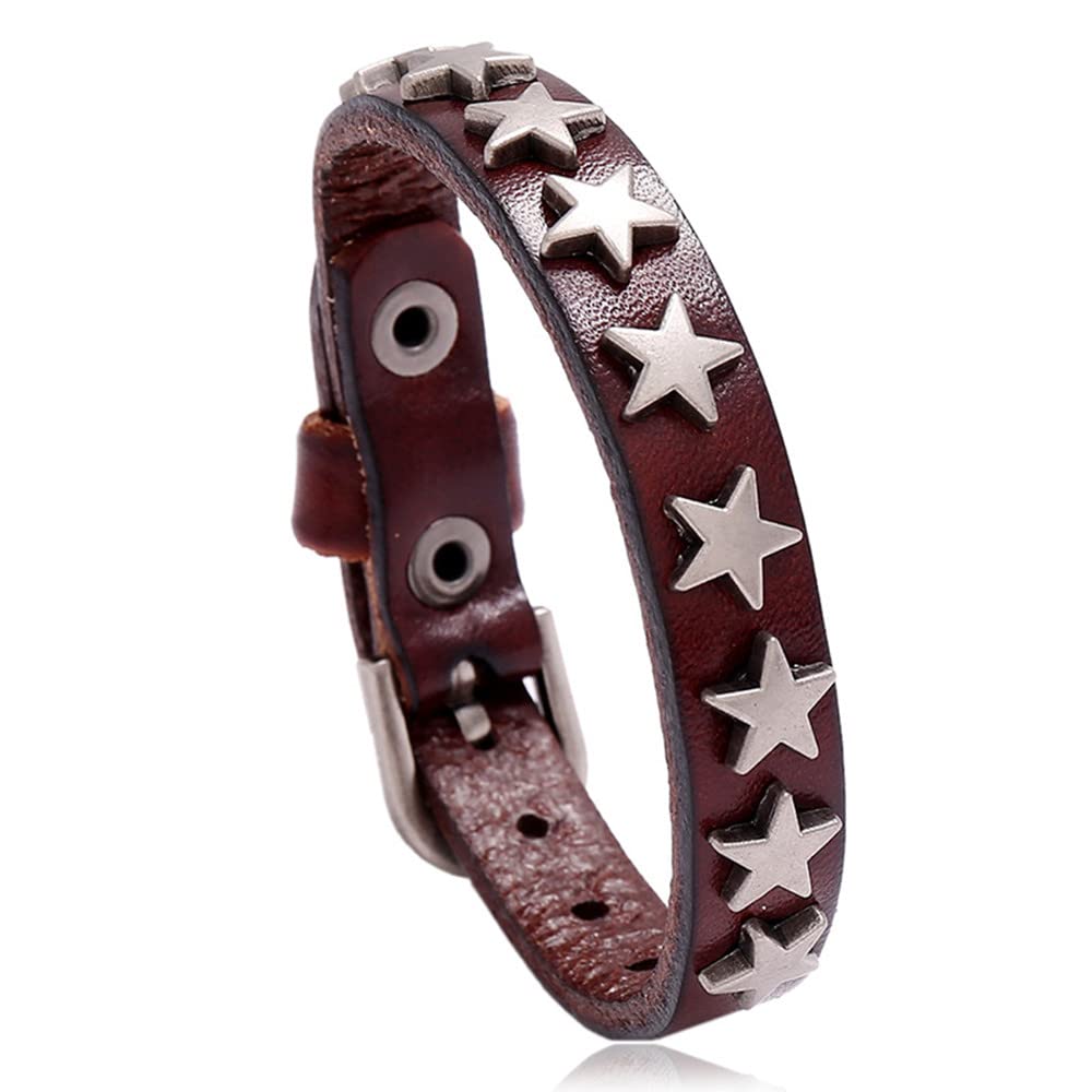 NIGHTCRUZ Punk Leather Bracelet Star, Vintage Leather Cuff Wristband with Belt Buckle