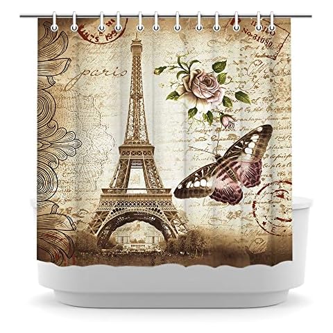 LyerArtork Vintage Old Paris Shower Curtain Brown Eiffel Tower Bath Curtain Butterfly Floral Bathroom Decor Polyester with 12 Plastic Hooks for Bathroom Toilet Decoration 72x72inch Cover