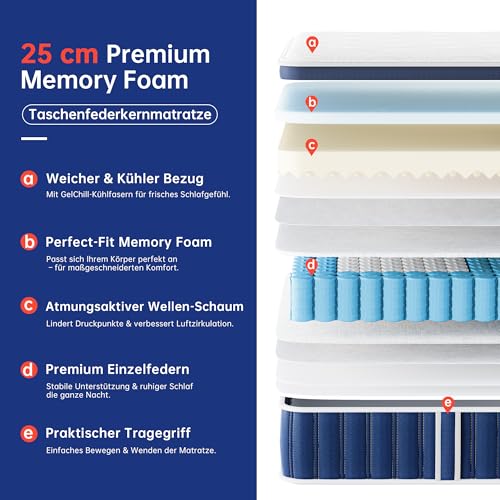 TeQsli Gel Federkernmatratze 90x200 cm Höhe 25 cm Gel Memory Schaum Taschenfederkernmatratze für Druckentlastung, Orthopädische & Ergonomische 9-Zonen Matratze H3, Öko-Tex & CertiPUR Zertifiziert