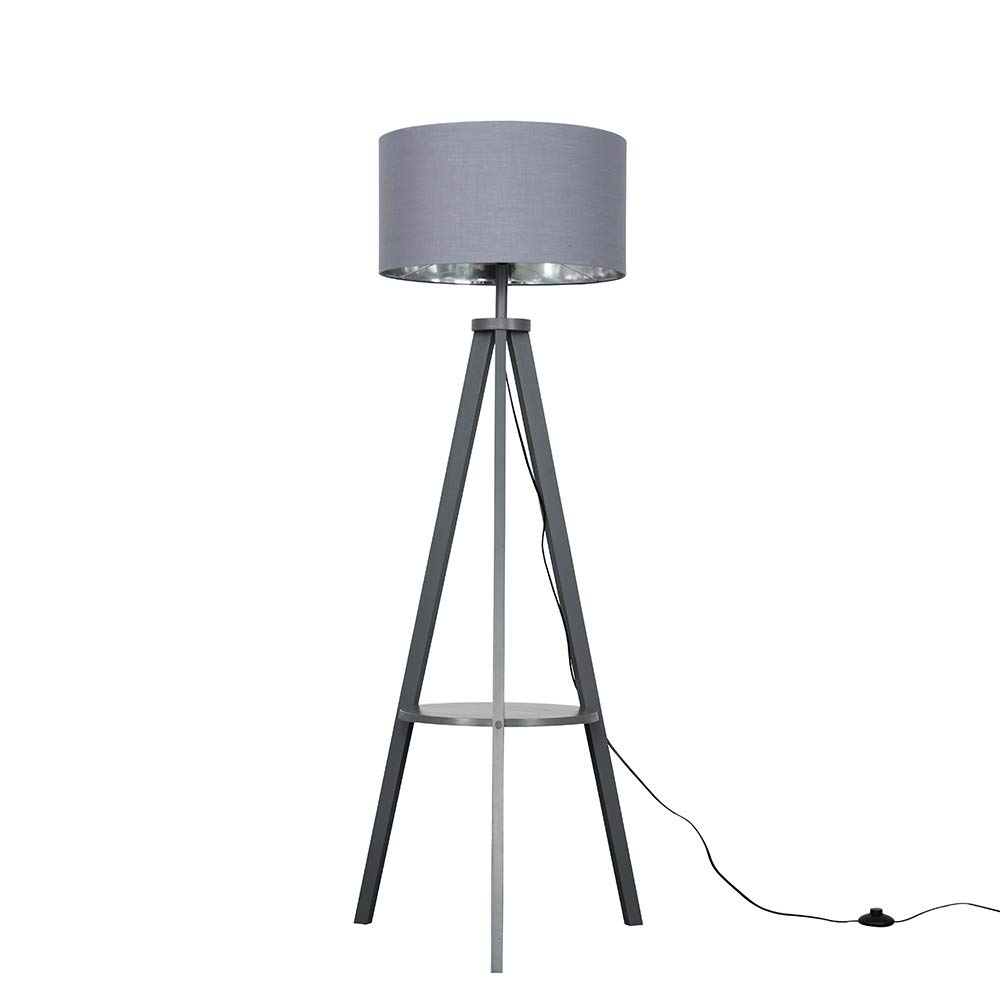 MiniSun | Modern Grey Wood Tripod Design Floor Lamp with Storage Shelf & Grey/Chrome Drum Shade - Complete with a 6w LED Bulb [3000K Warm White] | Floor Lamps & Home Improvements Essential