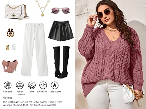 Dyexces Plus Size Sweaters For Women V Neck Long Sleeve Cable Knit Sweaters Casual Fall Sweaters Soft Jumper Tops Pink thumb #3