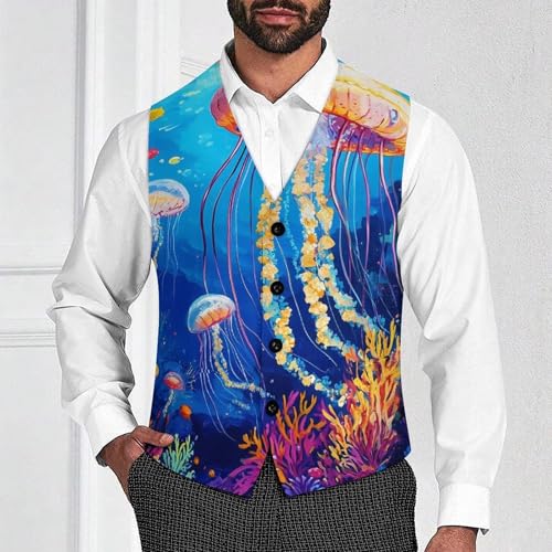 Seabed Jellyfish Mens Slim Fit Suit Vest Dress Waistcoat Casual Business Vest2